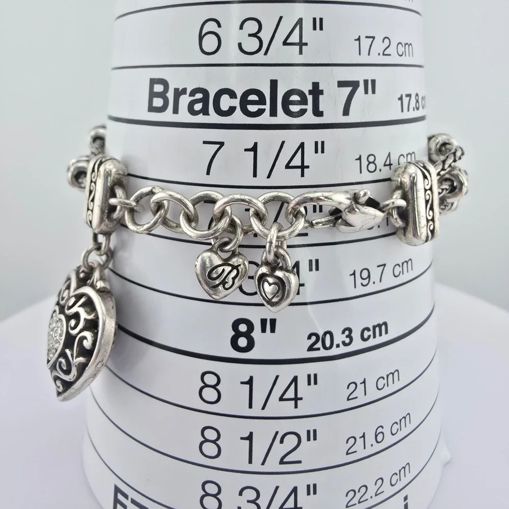 BRIGHTON 'Reno Heart' Charm Bracelet Pavé Crystals Scrollwork Silver Plate 7.5